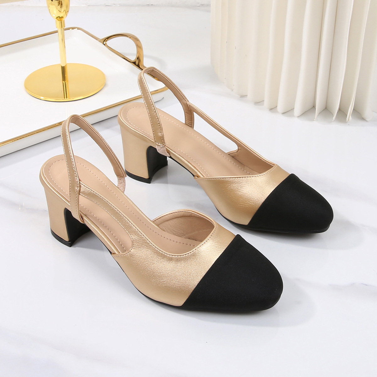 Sandalias cruzadas de tacón medio con punta hueca y bloque de color para mujer, zapatos franceses de tacón alto con punta cuadrada y tacón grueso, zapatos planos de talla grande