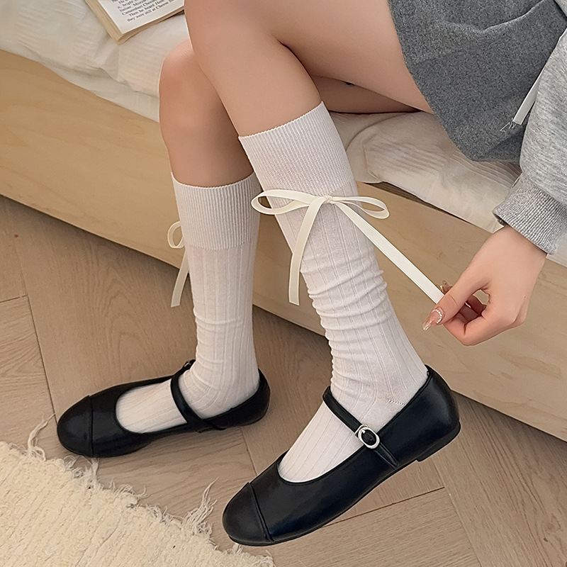 bowknot socks women's mid-length socks japanese cute knee-length socks lolita white stockings black girly calf socks