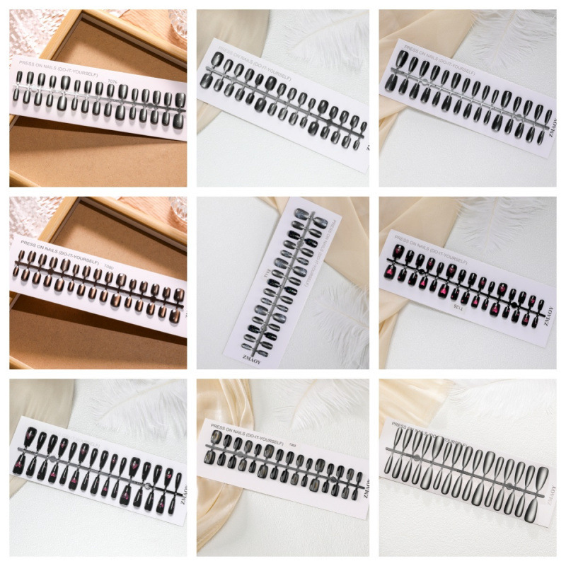 [Black Series] 30-Piece Set of Cat-Eye Simple Versatile Wearable Nails, Short Ladder, Almond, Medium Ladder, Full-Size Collection
