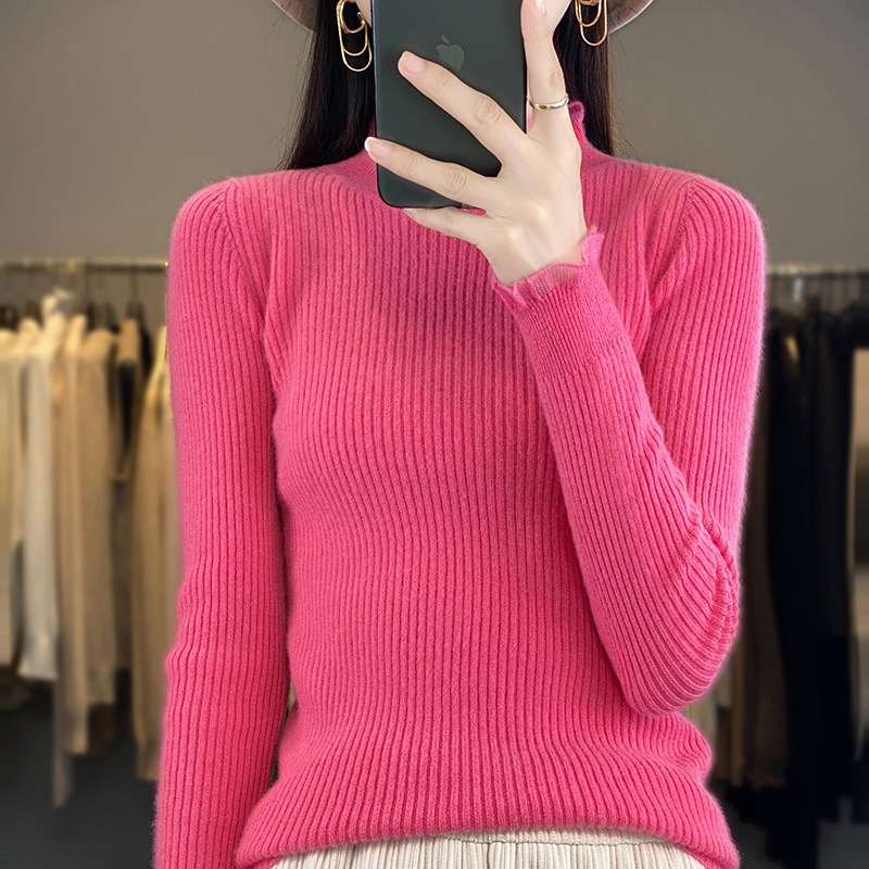 Autumn and Winter New Lotus Leaf Half Turtleneck Knitwear Women's Slim Pullover Fungus Flower Collar Inner Layering Western Style Knitwear