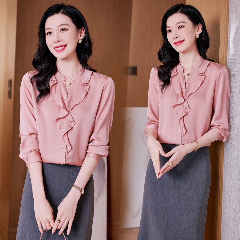 Spring elegant solid color silk fashionable shirt