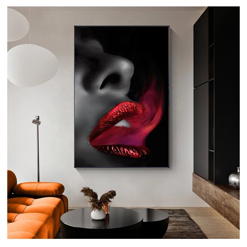 肖像斯堪的纳维亚海报装饰画墙壁艺术图片适用于客厅沙发黑白唇
