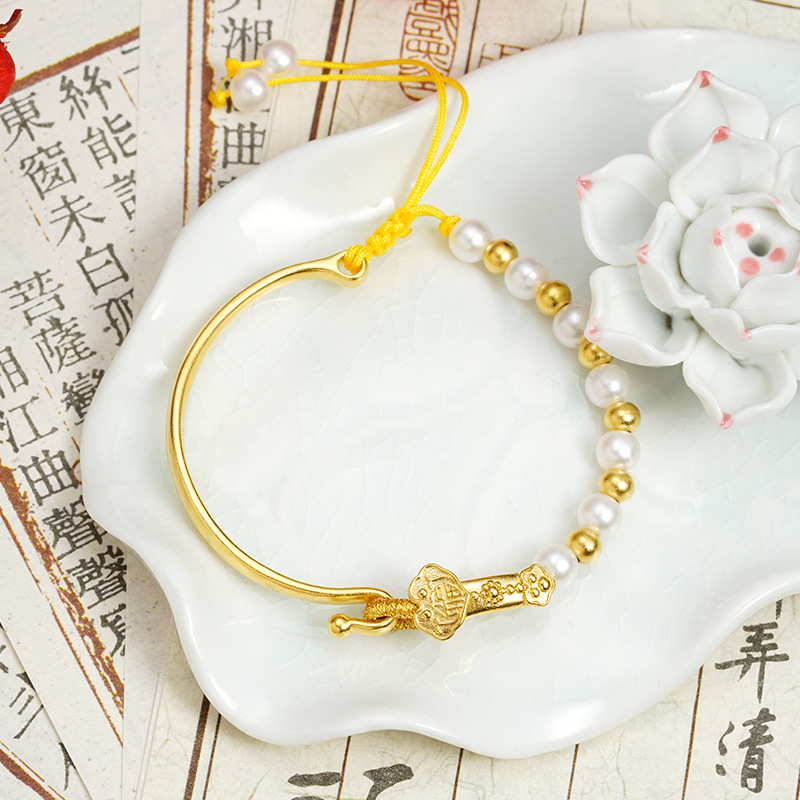 Nuevo chino vietnamita pulsera de oro de arena retro Ruyi pulsera de perlas de bronce dorado joyería al por mayor