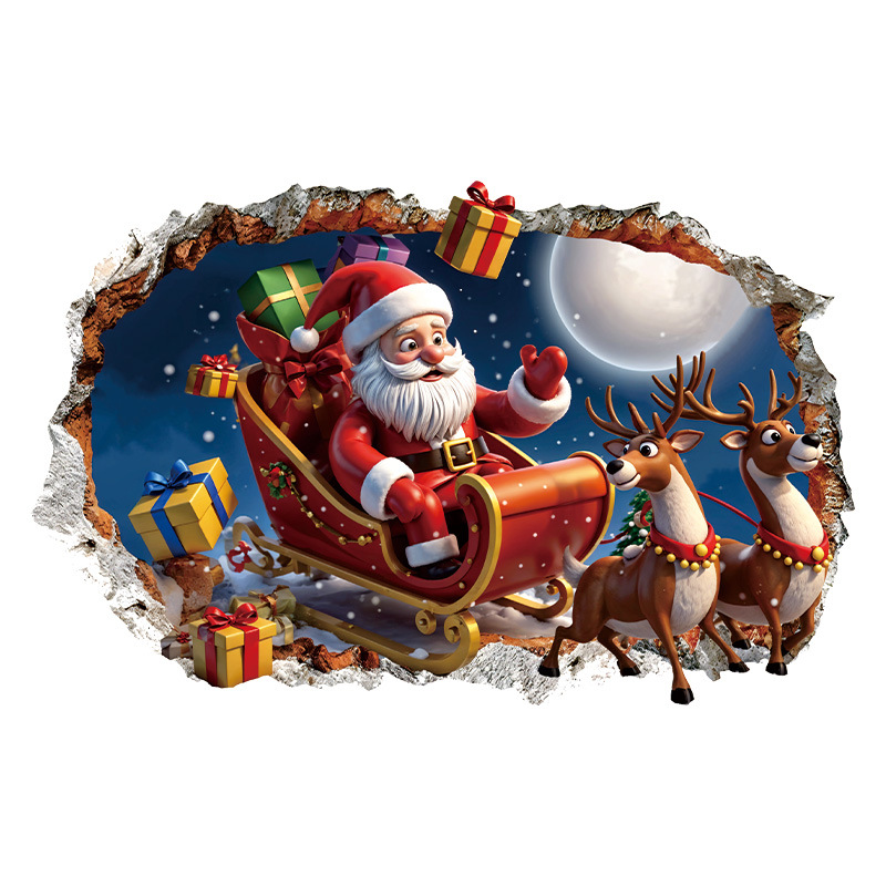 Christmas 3D Decoration For Living Room, PVC Self-Adhesive Santa Claus And Reindeer Holiday Wall Stickers_voghion.com