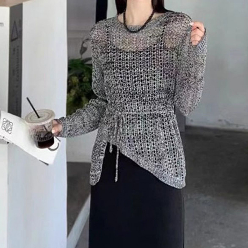 长袖时尚套装裙女年春秋季新款慵懒风镂空针织衫吊带裙两件套|undefined