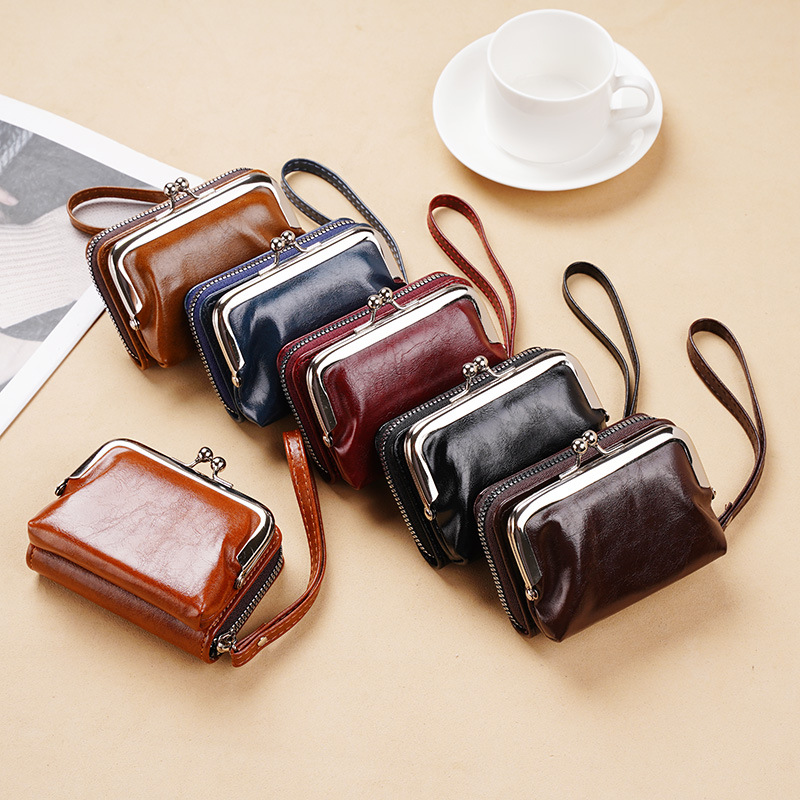 Retro leather coin purse clip buckle multi-compartment card slot card bag hand strap coin bag gift bag