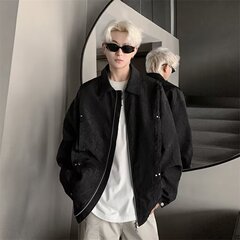 美式复古铆钉设计感拉链翻领夹克男款简约高级感黑色褶皱外套上衣