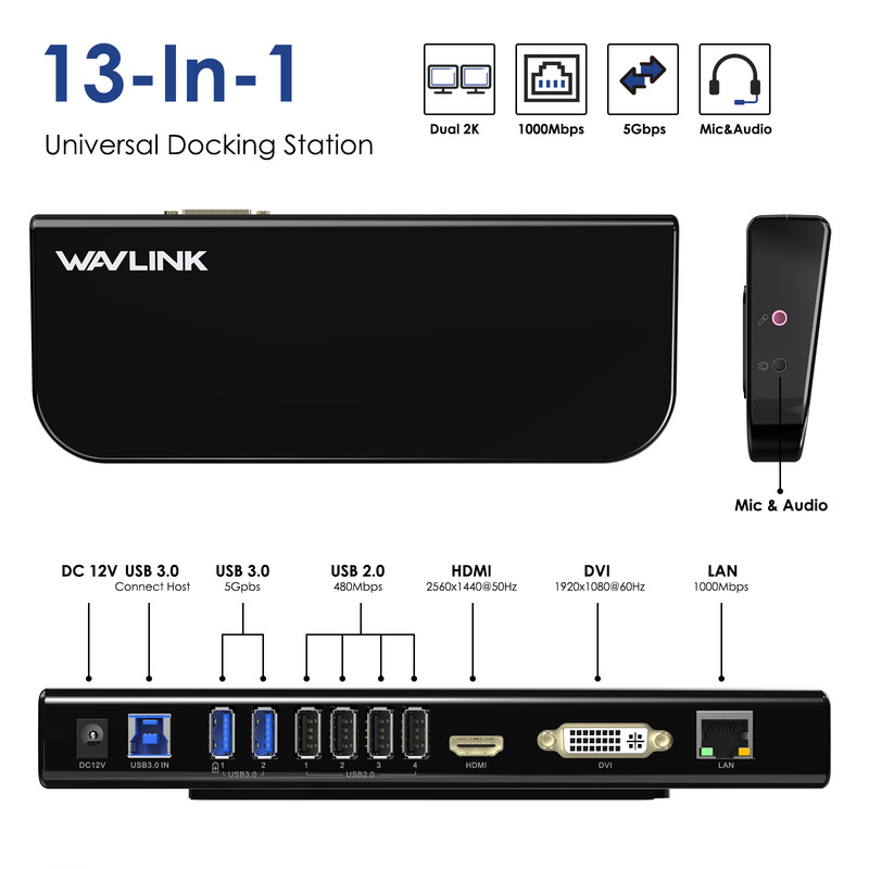 Wavlink USB Laptop Dock Dual Monitor DVI/HDMI/VGA to 2048 × 1152