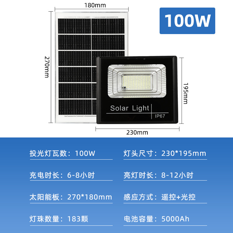 Reflector LED Solar para Exteriores, Impermeable, de Alta Potencia, 100W IP65, Modelo Económico