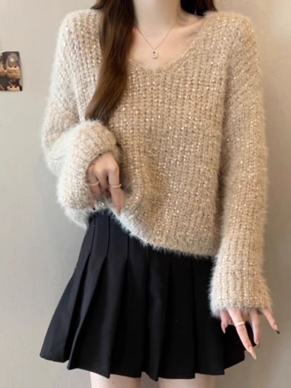 高级感软糯亮片v领毛衣女2025秋冬新款宽松慵懒风短款针织衫上衣|undefined