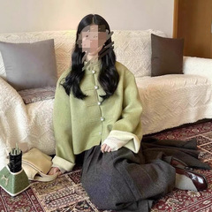 Huashifan 25 春の新中国風両面ウールコートジャケット女性の中国風グリーンショートトップ