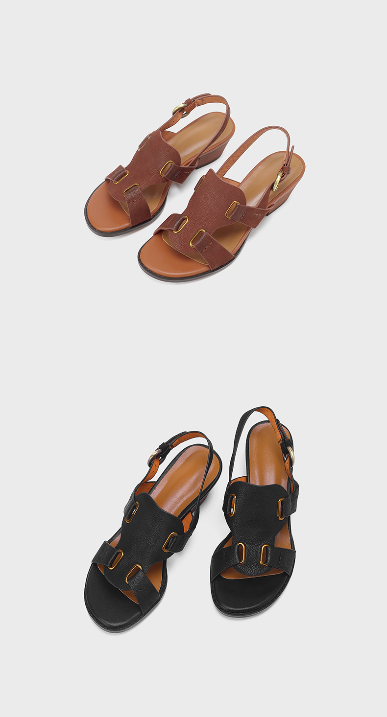Sandal La Mã cổ điển hở mũi quai khóa gót dày nữ — Màu nâu chi tiết 16