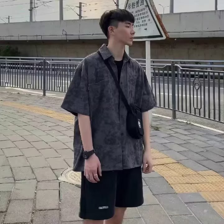 Summer New Short-Sleeved Shirts for Men, Japanese Workwear, Trendy Men's Shirts, Casual Loose Solid Color Cardigans