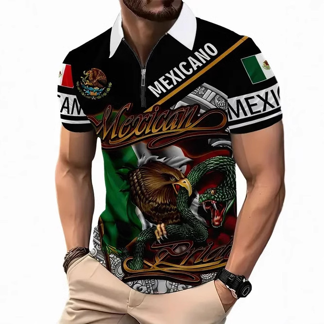 2025 nuevo estilo europeo y americano transfronterizo Amazon casual todo-fósforo patrón de bandera de manga corta cremallera camisa POLO MB13