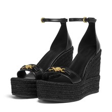 2025外贸欧美时尚编织麻绳带女鞋速卖通鞋子大码外贸坡跟厚底凉鞋