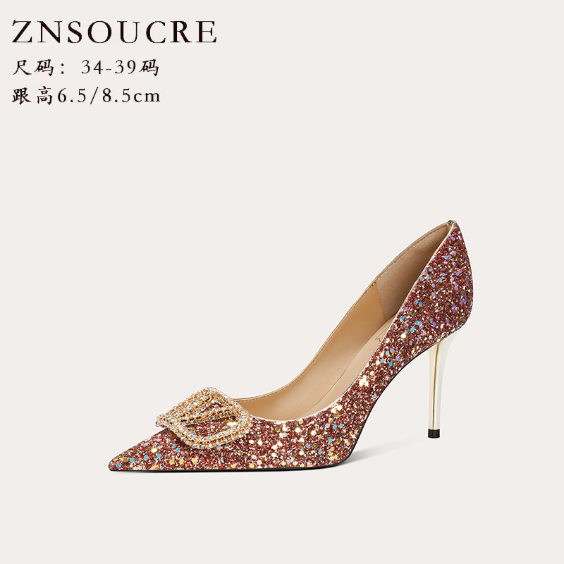708-B17 New Style Sheepskin Rhinestone Buckle Decorated Pointed Toe Design Women's Shoes Sequined Women's Shoes Stiletto Heels