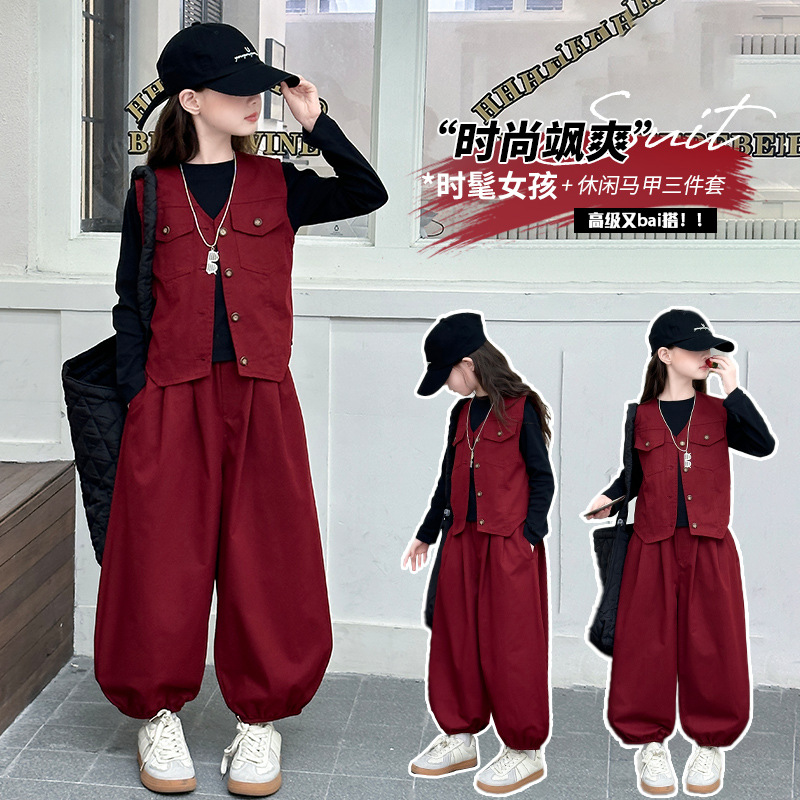 Girls' suit 2025 Spring New Children's Western Style Fashion Trendy Cool Autumn Dress Internet Celebrity Fried Street Loose Three-piece Set
