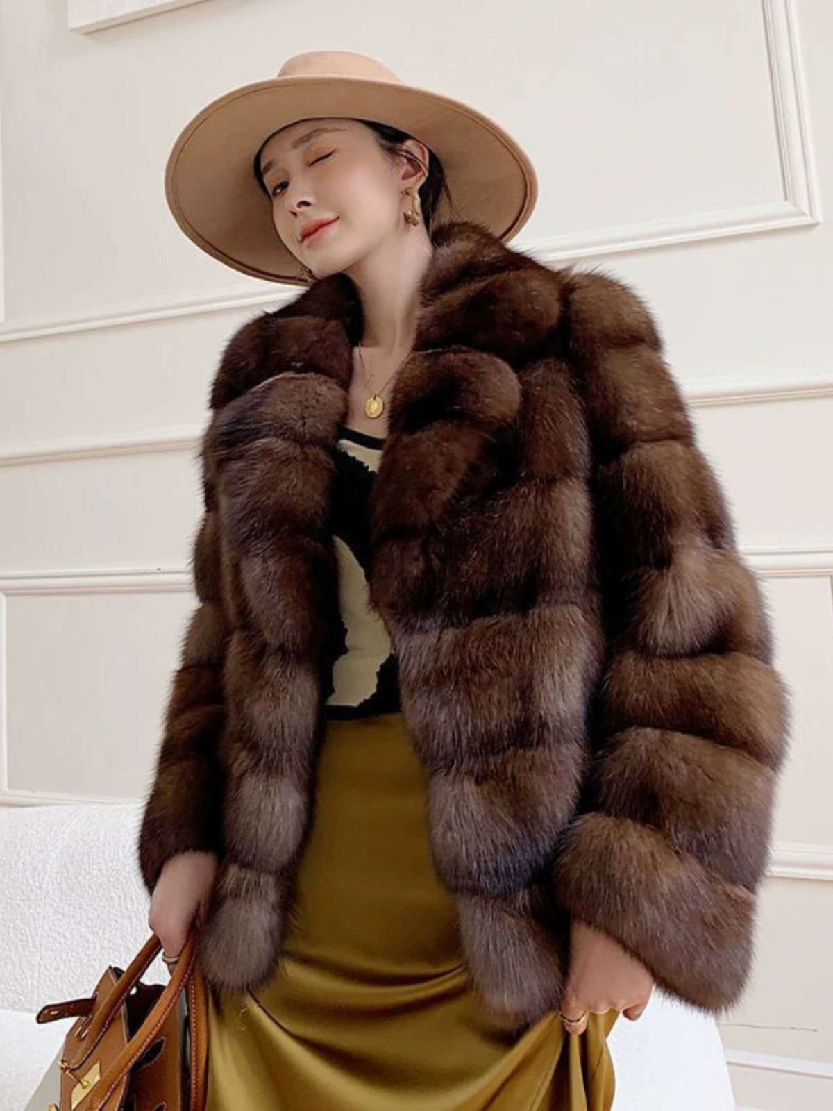Пальто в sable-стиле, европейская легкая роскошь, chestnut eco‑fur, тёплое, размерыS–L