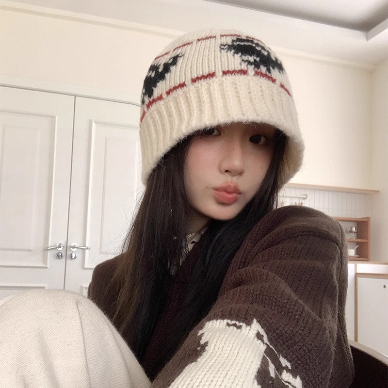 Schwarzer Retro-Strickhut für Damen, Winter, koreanischer Stil, vielseitig, gesichtsschlankmachend, dick gefüttert, warm_voghion.com