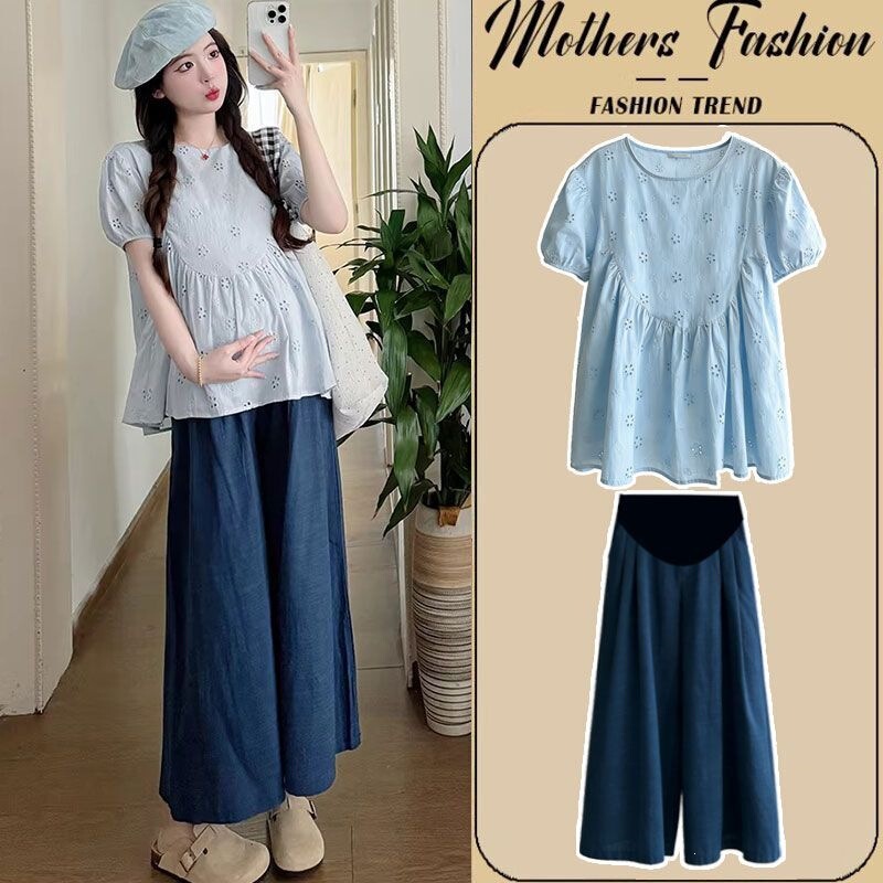 New Style Maternity Wear, French Style Summer Trendy Mom Outfit, Exquisite and Stylish Loose Short-Sleeved Outfit That Covers the Belly and Makes You Look Slimmer New Style Maternity Wear, French Style Summer Trendy Mom Outfit, Exquisite and Stylish Loose Short-Sleeved Outfit That Covers the Belly and Makes You Look Slimmer
