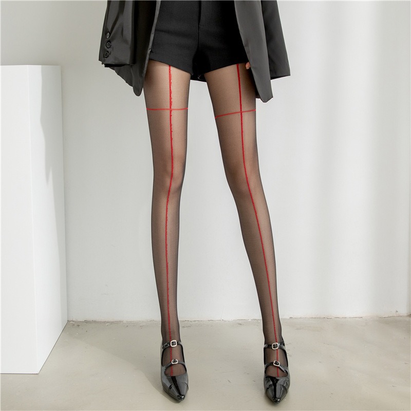 Sexy Hot Girls Cross Shrimp Line Stockings Women's Pure High Transparent Black Silk Legs Slimming Ultra-thin Red Vertical Line Pantyhose