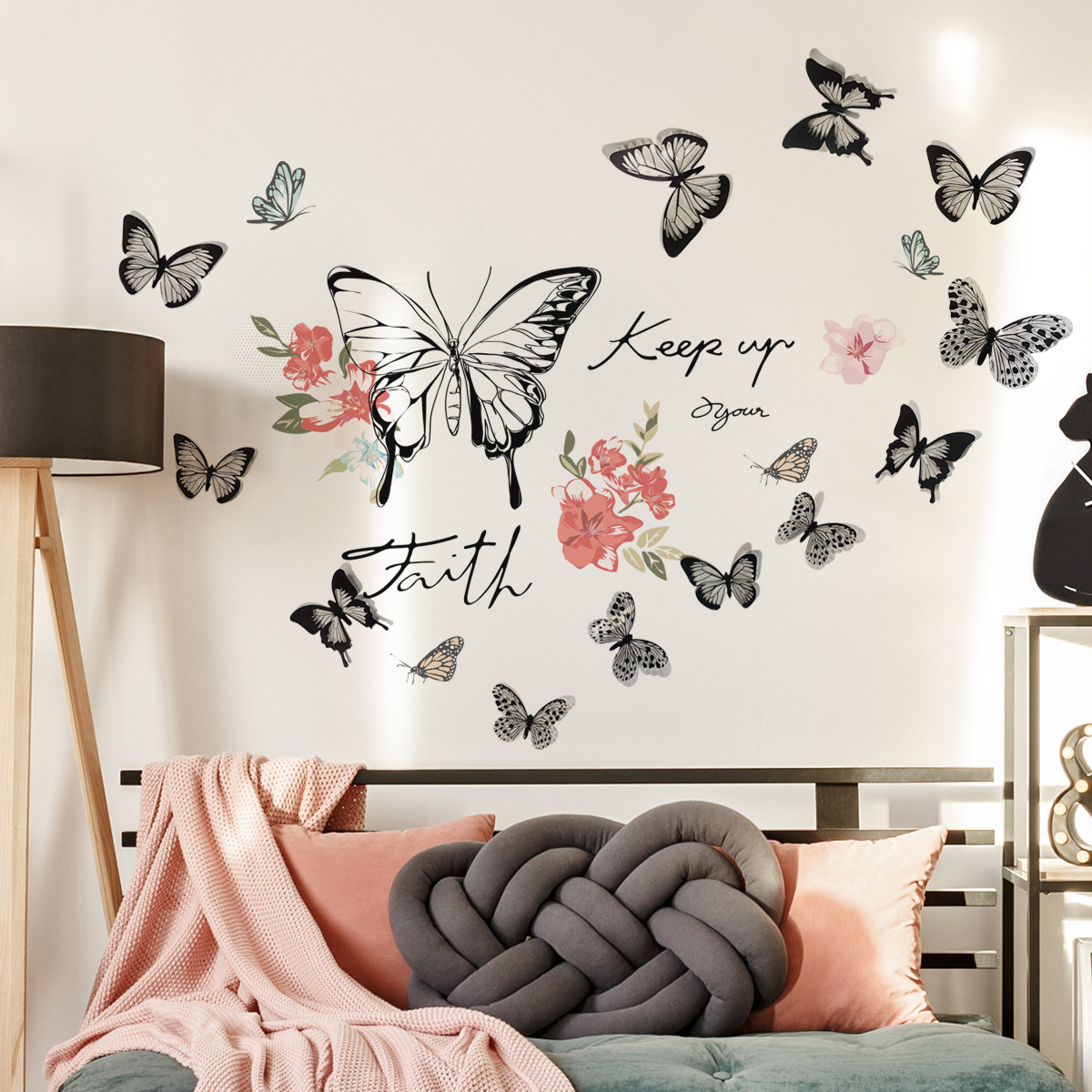 MS1537 英文花卉3D立体蝴蝶墙贴客厅背景墙装饰墙贴纸自粘墙贴画