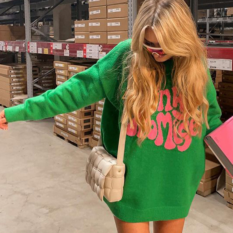 Suéter de Punto Jacquard con Estampado de Letras, Cuello Redondo, Manga Larga, para Mujer, Invierno 2024, Nuevo Comercio Exterior Transfronterizo