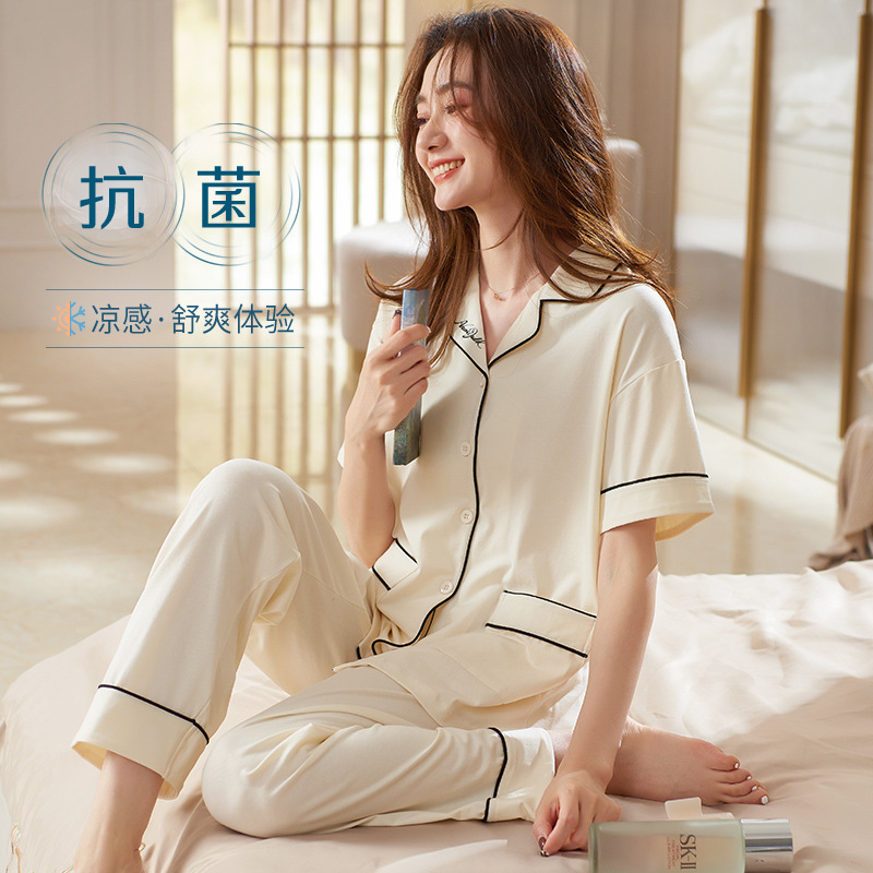 Pijamas de mujer primavera y verano 100% algodón fino pantalones de manga corta blanco ropa de casa primavera y otoño traje de talla grande