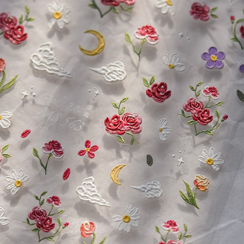 Oil Painting Rose Manicure Stickers Hand-Painted Small Fresh Flowers Daisies Stereo Relief Pearl Nail Decals Jewelry