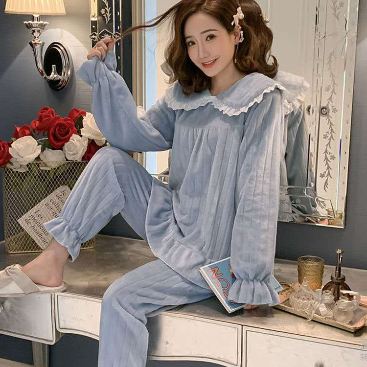 F 方领花边坑条纯色绒-蓝-公主款