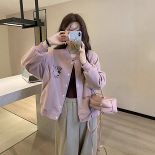 Real Shot Embroidered Collar Cardigan Sweater Jacket Women's 2024 Autumn and Winter Korean Fashion Age-reducing fleece-lined Thickened Baseball Suit
