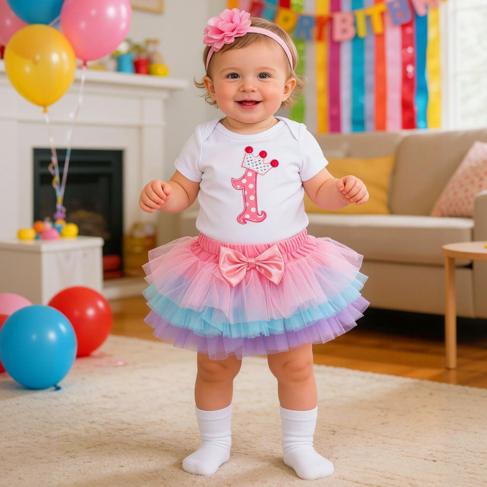 Venta directa de fábrica: Conjunto de vestido para el primer cumpleaños de bebé niña, pelele de manga corta, falda de seis capas, accesorio para el cabello, conjunto de fiesta de 3 piezas.