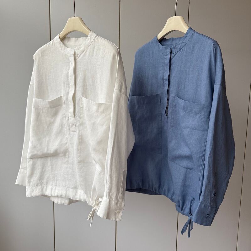 Japanese-Style Artistic Feel 100% Linen! Henley Collar with Multiple Buttons, Lightweight Drawstring Hem, Loose Fit, Slimming Long-Sleeve Shirt for Women