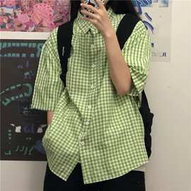衬衫女夏短袖衬衣宽松韩版百搭设计感小众清新绿色格子上衣潮