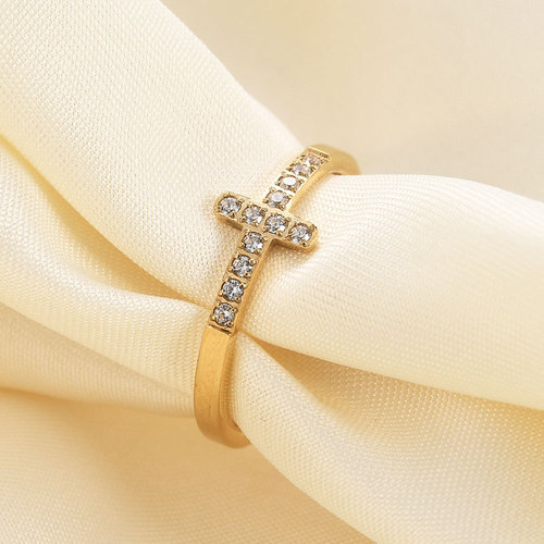  Korean version of ins simple style diamond-encrusted 304 titanium steel cross ring feminine and versatile retro ring for women