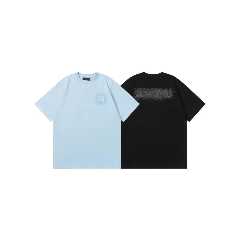 Cross-Border Trendy Brand Amiri In-Stock Items: T-Shirt with Logo Lettering, Foam Stars, and Velvet Embellishments, Made of Double-Yarn Pure Cotton