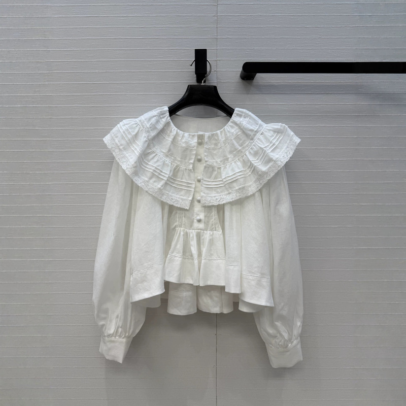 2026 Summer New Fashion Versatile Doll Collar Ruffle Single-Breasted Design Lace Embroidered Solid Color Shirt