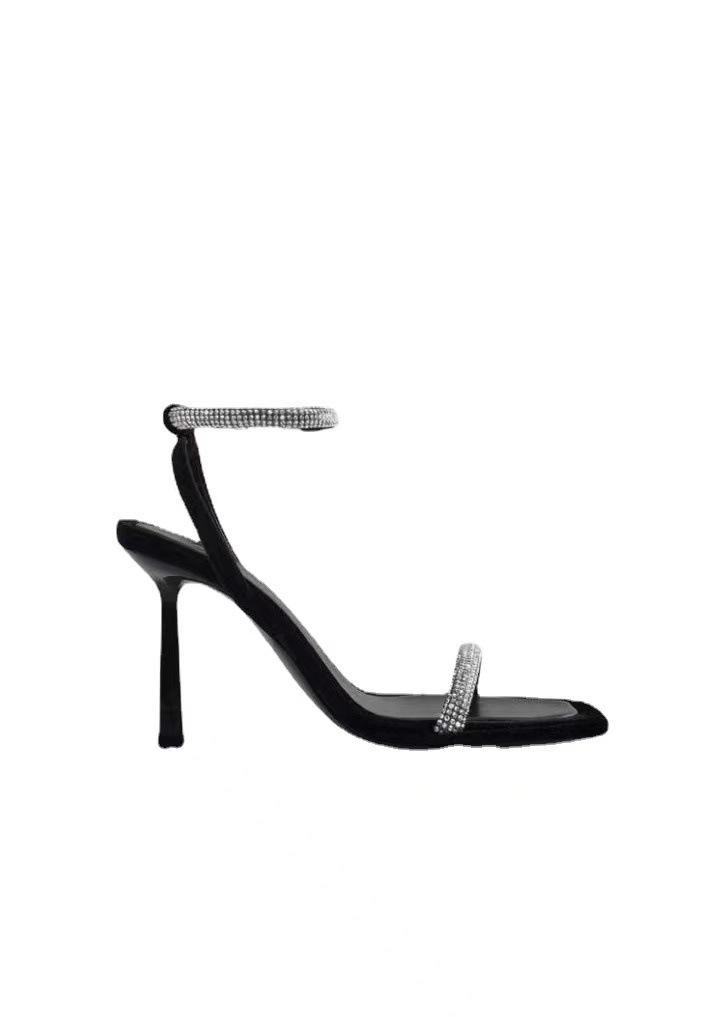 ZA2023 European and American spring and summer new square toe high heel stiletto heel rhinestone pendant chain simple strap women's sandals batch