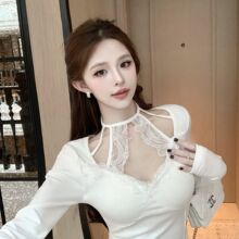 挂脖蕾丝V领设计感上衣女秋冬新款打底衫内搭高级感可外穿长袖T恤