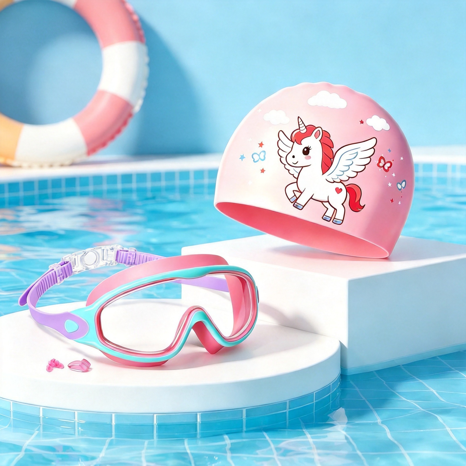 Sombrero de baño de silicona para niños, gafas de baño para niños, cabello largo impermeable para los oídos, gorra de dibujos animados lindos