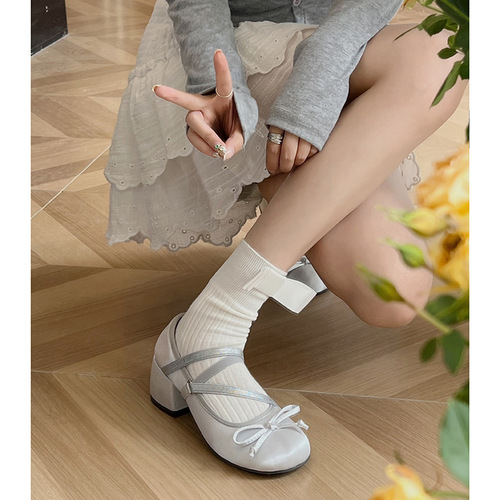 Simple and gentle French thick heel Mary Jane shoes for women  new summer shallow mouth small fragrant style round toe silver shoes