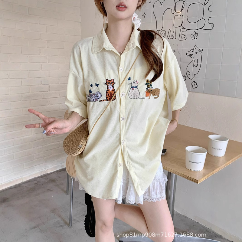 2025 Summer Commuting Cardigan Fun Popular Cartoon Cat Embroidered Corduroy Short-Sleeved Shirt Top Women's French Style