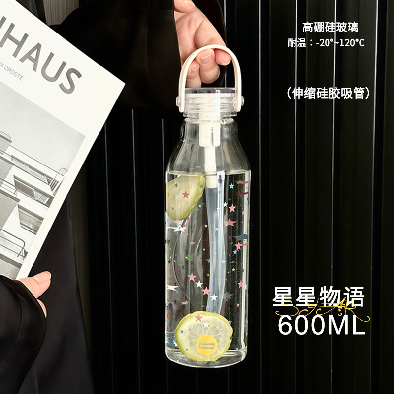 女士提手吸管杯便携带刻度水杯耐高温杯子家用咖啡杯高硼硅玻璃杯|undefined