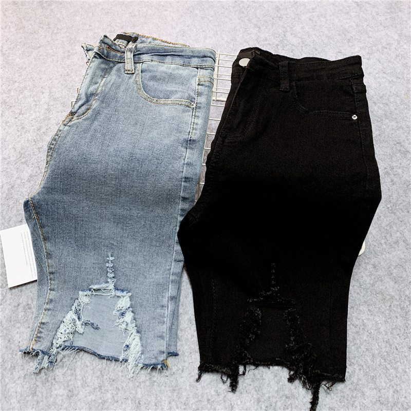 Ripped Five-point Jeans Women's Summer High Waist Elastic Mid-length Pants Tight-fit Slimming Super Hot Ins Riding Black Five-point Shorts
