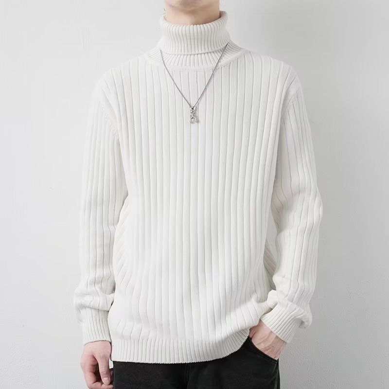 Solid Color High-Elastic Knit Sweater, Slim Fit, Ribbed Long-Sleeve Turtleneck Sweater for Teenagers, Men's Autumn and Winter Thickened Version