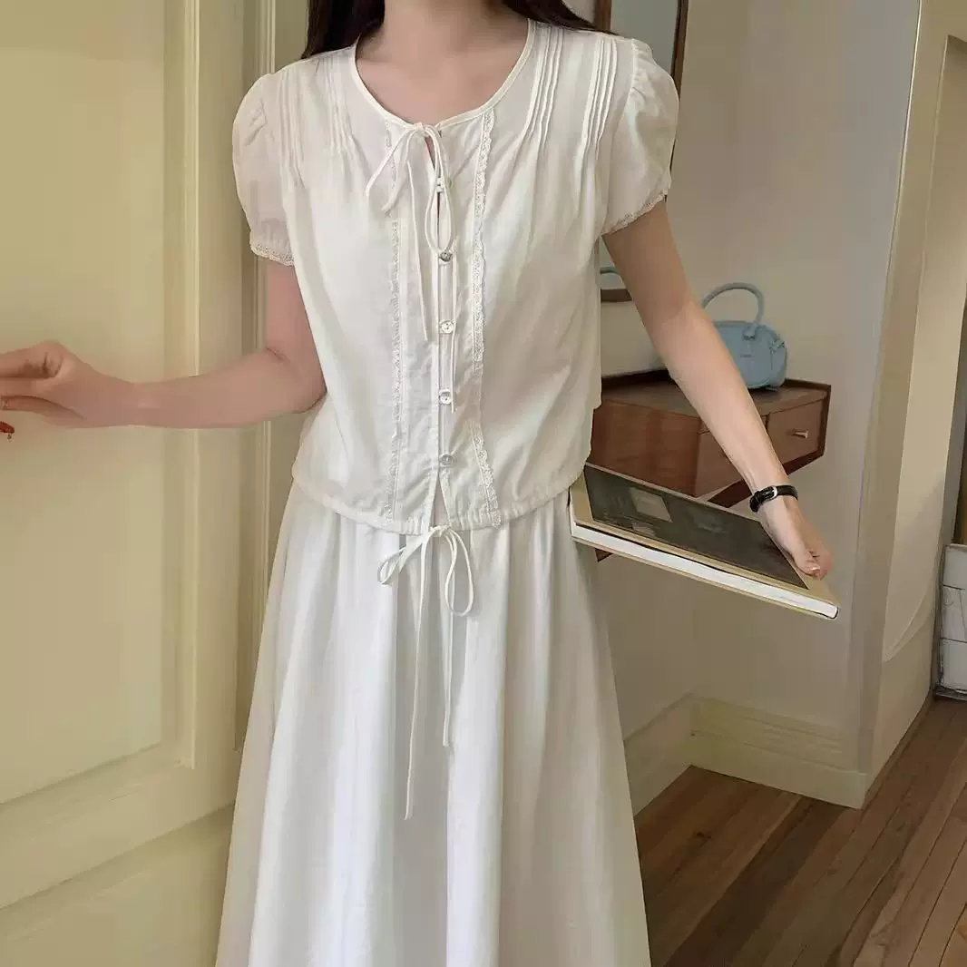 蝴蝶结绑带绝美短袖衬衫小衫+高腰半身裙套装女夏季韩版两件套