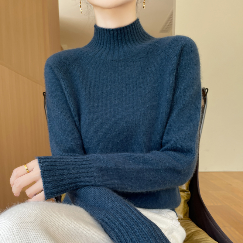 One-line Readymade Seamless High Neck Solid Color Raglan Long Sleeve Knitted Base Shirt Sweater Seven-pin Thick Winter Women's Wear