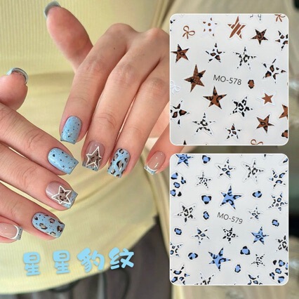 Leopard Print Five-Pointed Star Nail Art Sticker 5D Embossed Stereo Asymmetrical Blue Star Bow DIY Nail Sticker