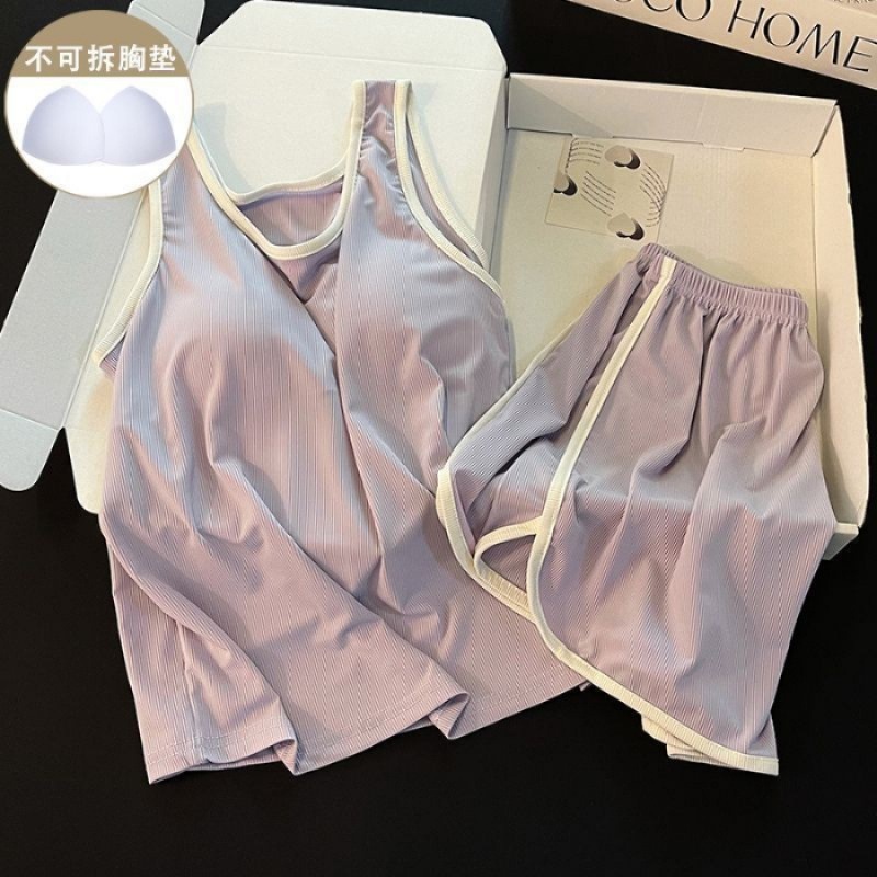 胸パッド付きパジャマ、女性用ベスト、通気性のある伸縮性サスペンダーボトムスーツ、ホームウェア、アイスシルク糸生地、その他|undefined