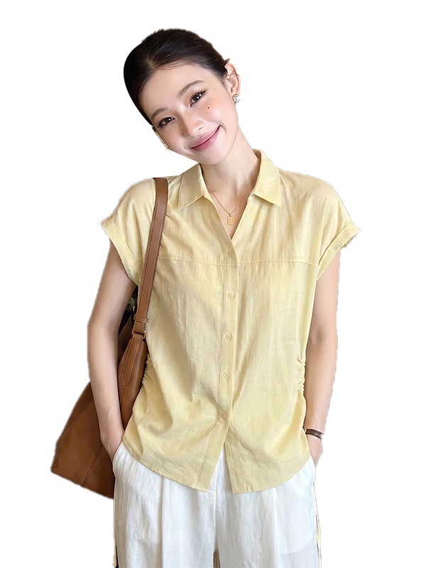 Áo sơ mi ngắn tay nữ màu vàng thiết kế độc đáo, eo thon, dành cho người đầy đặn — xanh lam